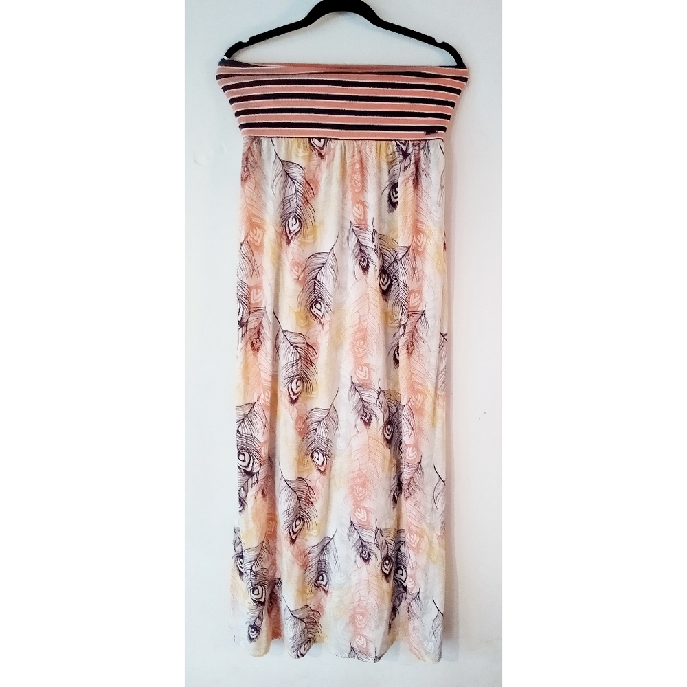 Element Stripe & peacock feather strapless maxi dress- peach/ brown/ mar…